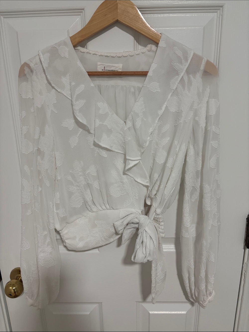 Anthropologie Blouse Ruffle Neck Tonal Floral Print White Lined Side Tie Size S